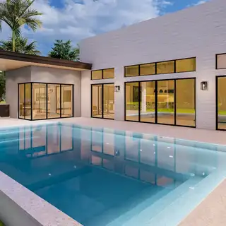 Piscine moderne avec eau cristalline devant une maison contemporaine